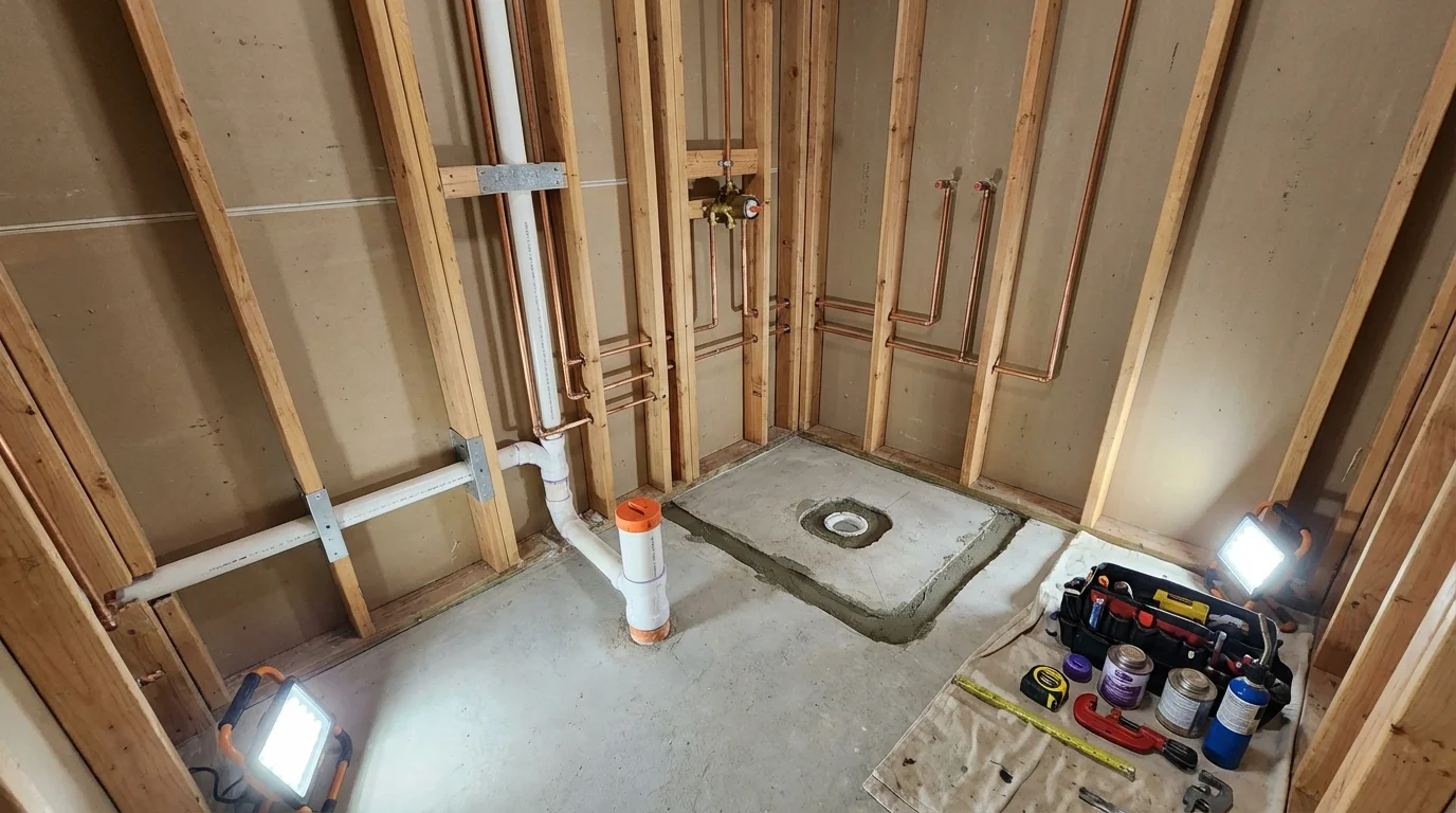 Bathroom rough-in plumbing during remodel by Johns Plumbing LLC in Hopkinsville