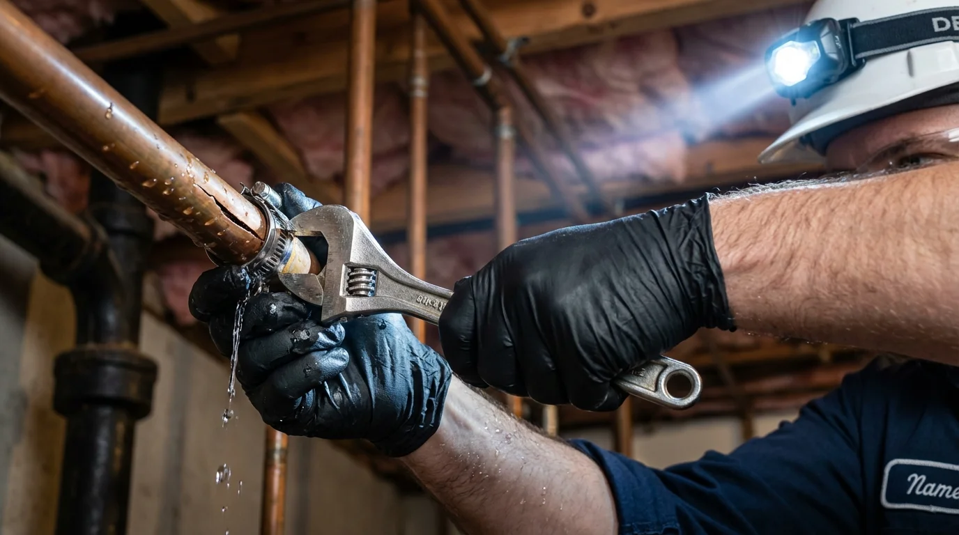Emergency pipe clamp repair being performed by a Johns Plumbing LLC plumber in Hopkinsville