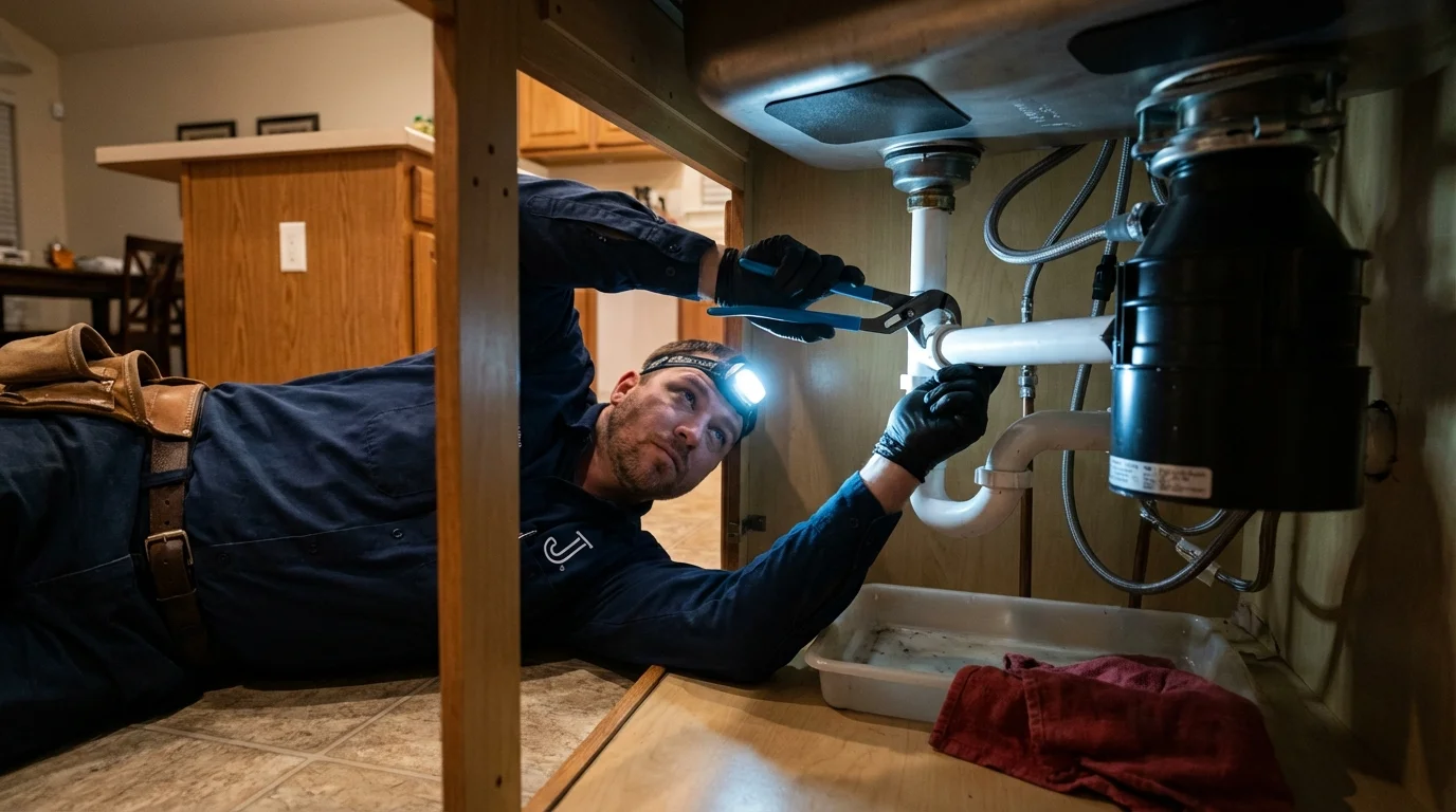 P-trap and supply line connections under a kitchen sink showing a common leak point in Hopkinsville, KY